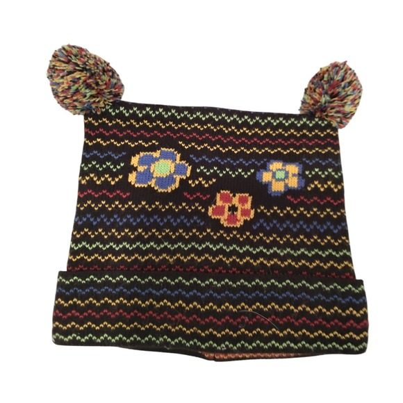 Accessories - Vintage Style Rainbow Zigzag Knit Beanie with Pom‎ Poms and Floral Accents Black